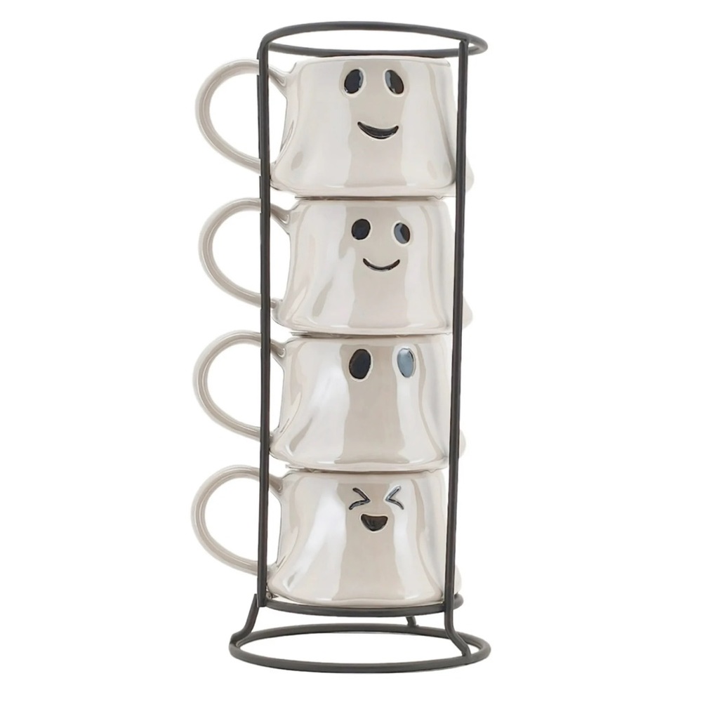 Set of 4 Ghost Face Mugs with Stand